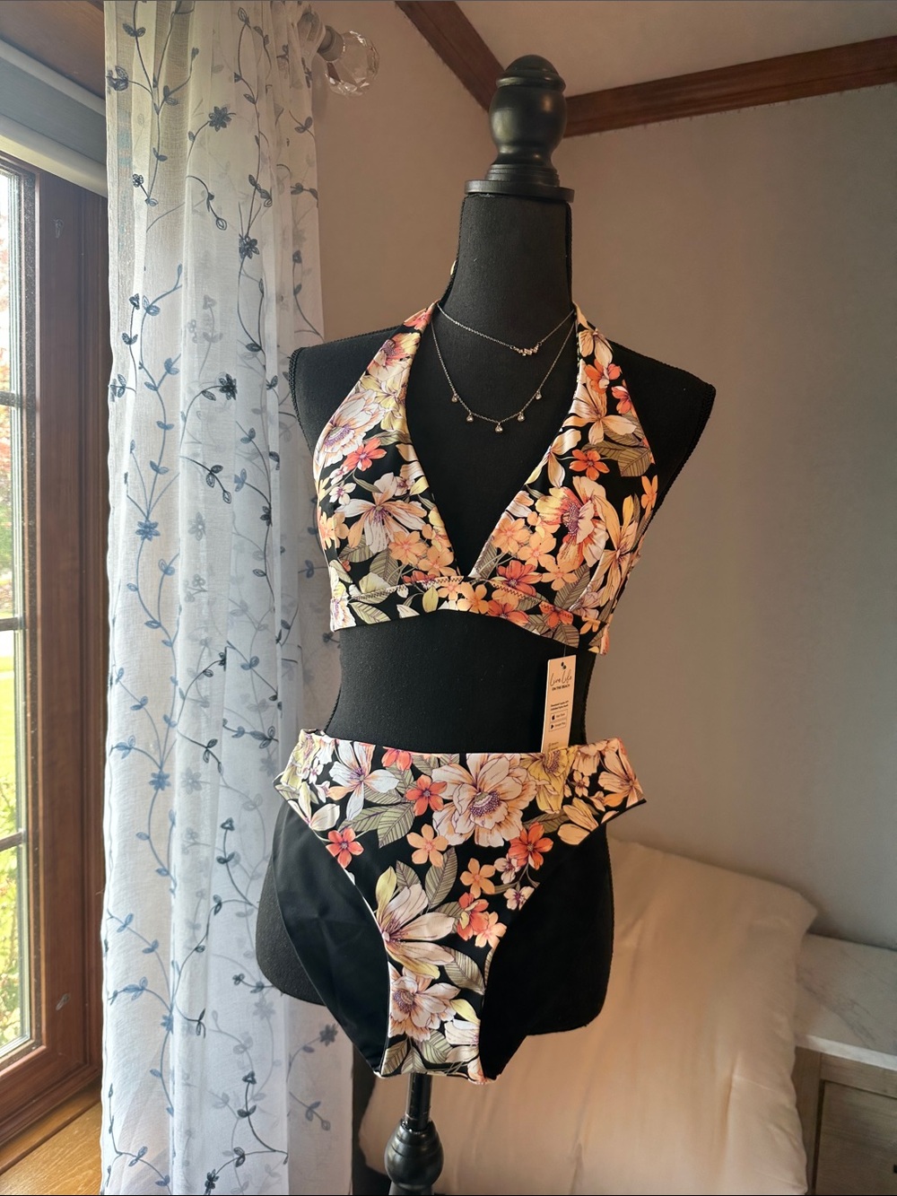 Cupshe Black Floral Halter Bikini with Peach & Cream Blooms Reversible